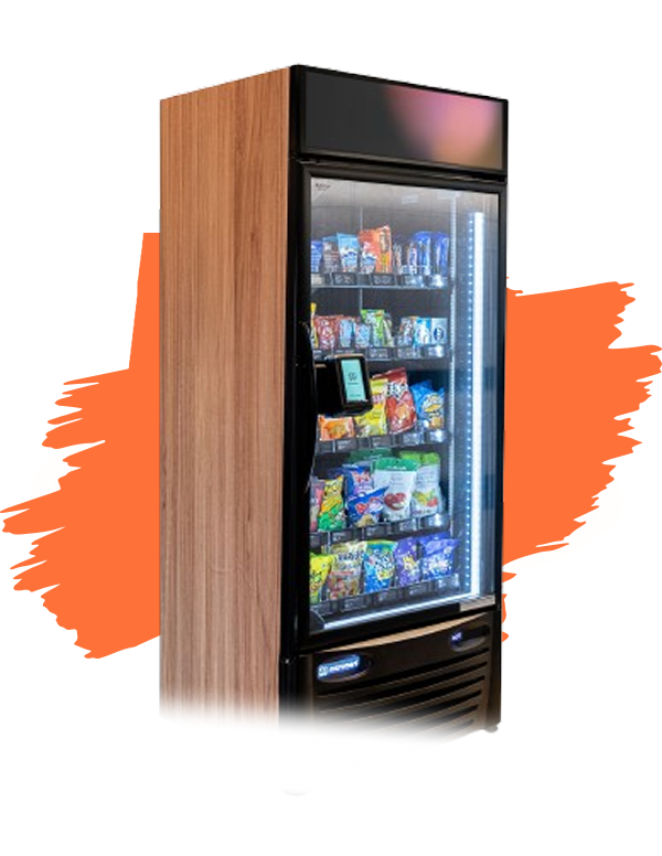 A modern vending machine with a glass front, showcasing a variety of snacks and drinks, set against an orange background.