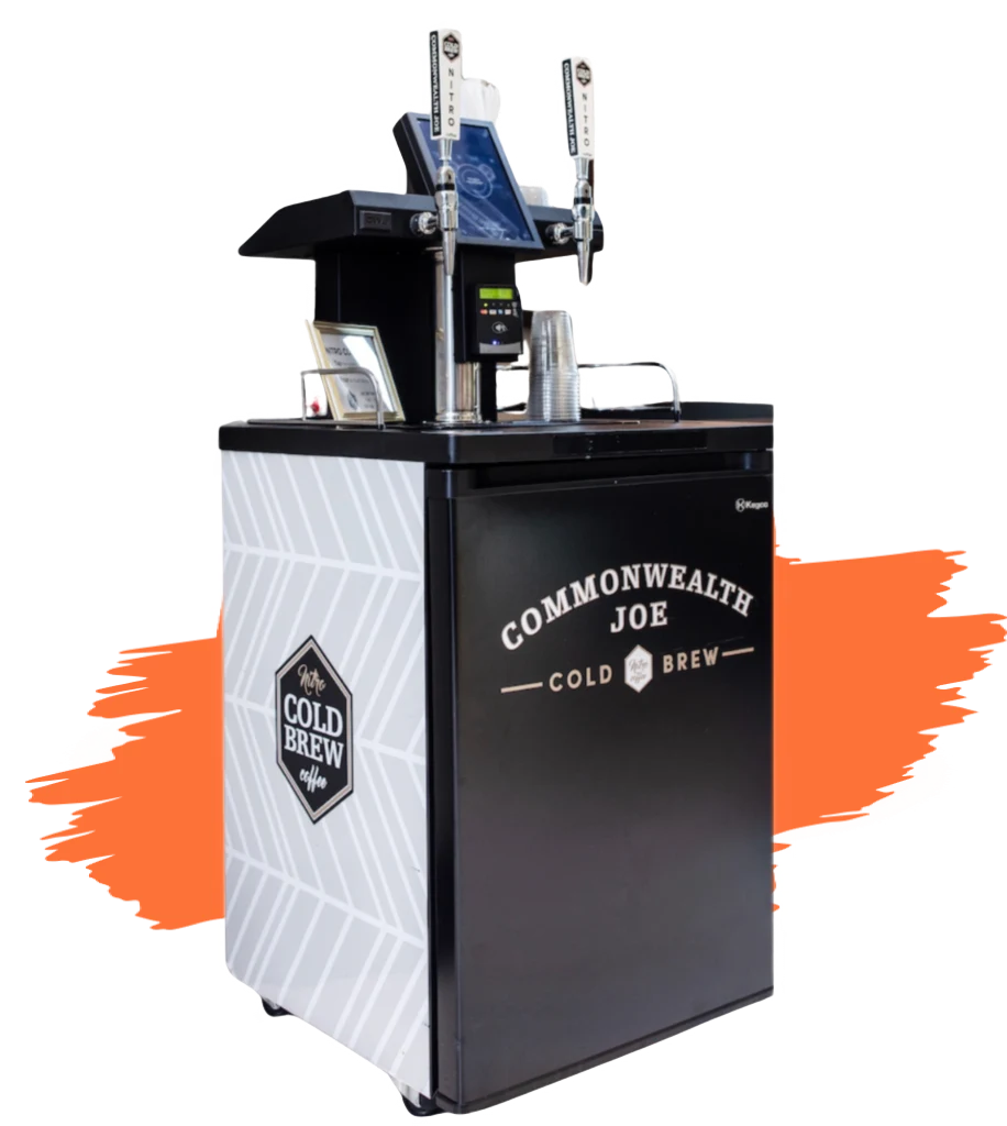 A sleek cold brew coffee dispenser featuring Commonwealth Joe branding with two tap handles on top and a stylish design.